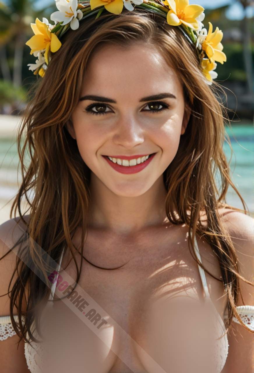 ai generated ero image with tags emma_charlotte_duerre_watson,solo,long_hair,breasts,looking_at_viewer,smile,brown_hair,hair_ornament,brown_eyes,medium_breasts,underwear,nipples,upper_body,flower,teeth,hair_flower,bra,grin,blurry,lips,blurry_background,realistic,nipple_slip