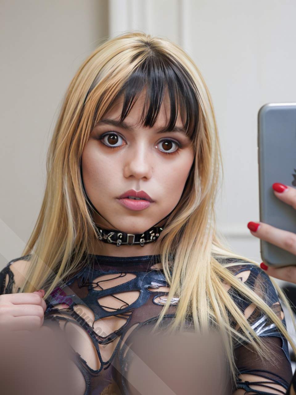 ai generated ero image with tags jenna_marie_ortega,solo,long_hair,breasts,looking_at_viewer,blonde_hair,black_hair,holding,brown_eyes,medium_breasts,nipples,upper_body,multicolored_hair,parted_lips,choker,nail_polish,collar,lips,torn_clothes,phone,cellphone,red_nails,smartphone,holding_phone,realistic,selfie,gothic