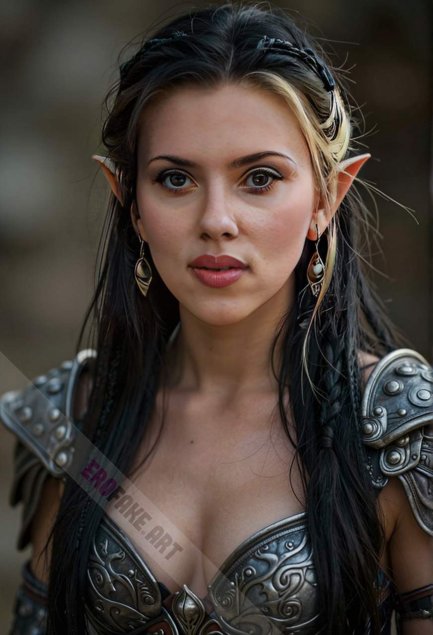 ai generated ero image with tags scarlett_ingrid_johansson,solo,long_hair,breasts,looking_at_viewer,black_hair,cleavage,jewelry,medium_breasts,upper_body,earrings,pointy_ears,armor,mole,blurry,lips,elf,shoulder_armor,freckles,pauldrons,realistic,bikini_armor