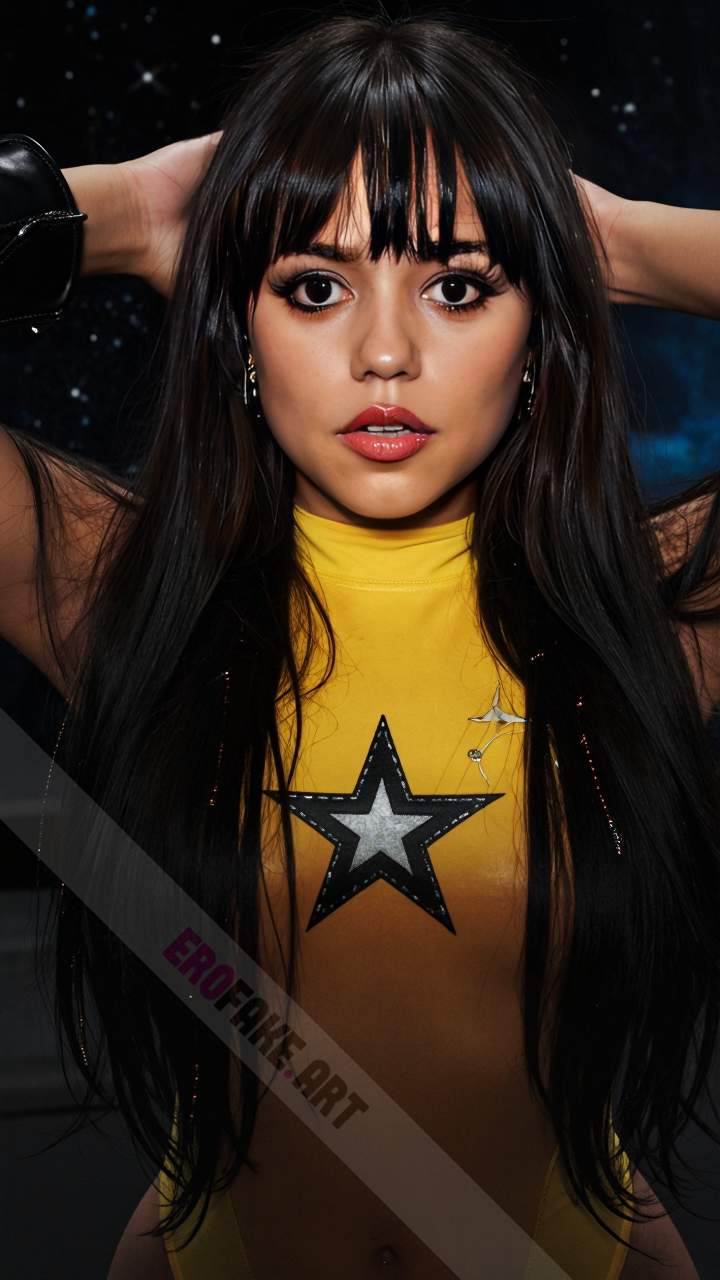 ai generated ero image with tags jenna_marie_ortega,solo,long_hair,looking_at_viewer,black_hair,navel,jewelry,earrings,parted_lips,star_symbol,black_eyes,leotard,lips,makeup,realistic,yellow_leotard