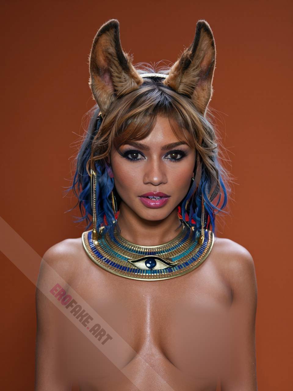 ai generated ero image with tags zendaya_maree_stoermer_coleman,solo,breasts,looking_at_viewer,simple_background,brown_hair,animal_ears,jewelry,medium_breasts,nipples,blue_hair,upper_body,nude,multicolored_hair,earrings,parted_lips,shiny,dark_skin,darkskinned_female,lips,shiny_skin,makeup,breasts_apart,red_background,eyeshadow,realistic,dark_nipples
