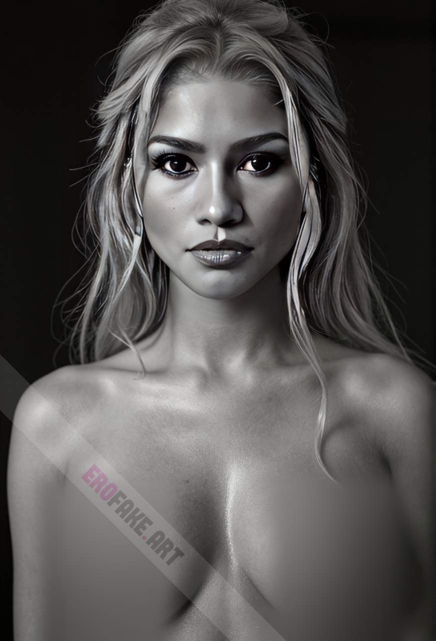 ai generated ero image with tags zendaya_maree_stoermer_coleman,solo,long_hair,breasts,looking_at_viewer,jewelry,medium_breasts,nipples,monochrome,upper_body,greyscale,nude,earrings,lips,freckles,realistic