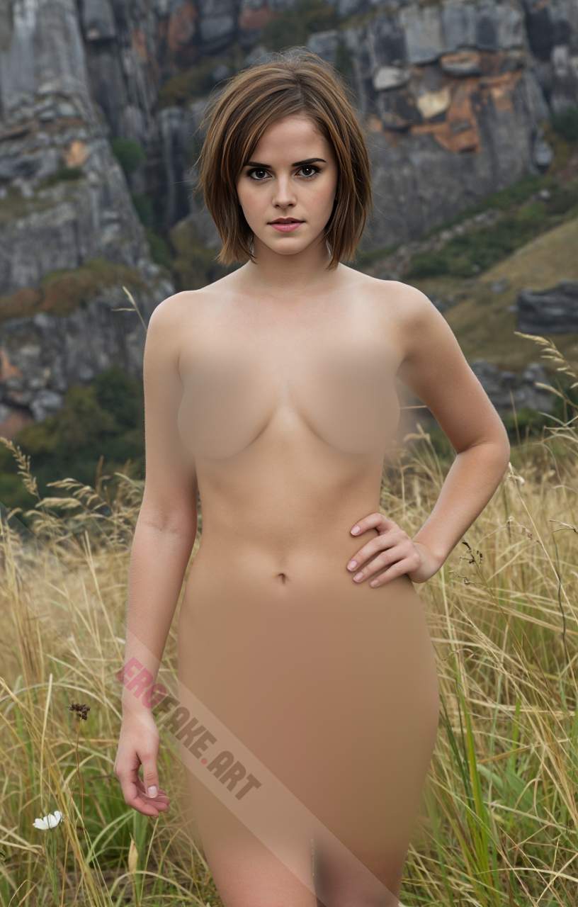 ai generated ero image with tags emma_charlotte_duerre_watson,solo,breasts,looking_at_viewer,short_hair,brown_hair,navel,brown_eyes,medium_breasts,nipples,nude,outdoors,pussy,hand_on_hip,realistic
