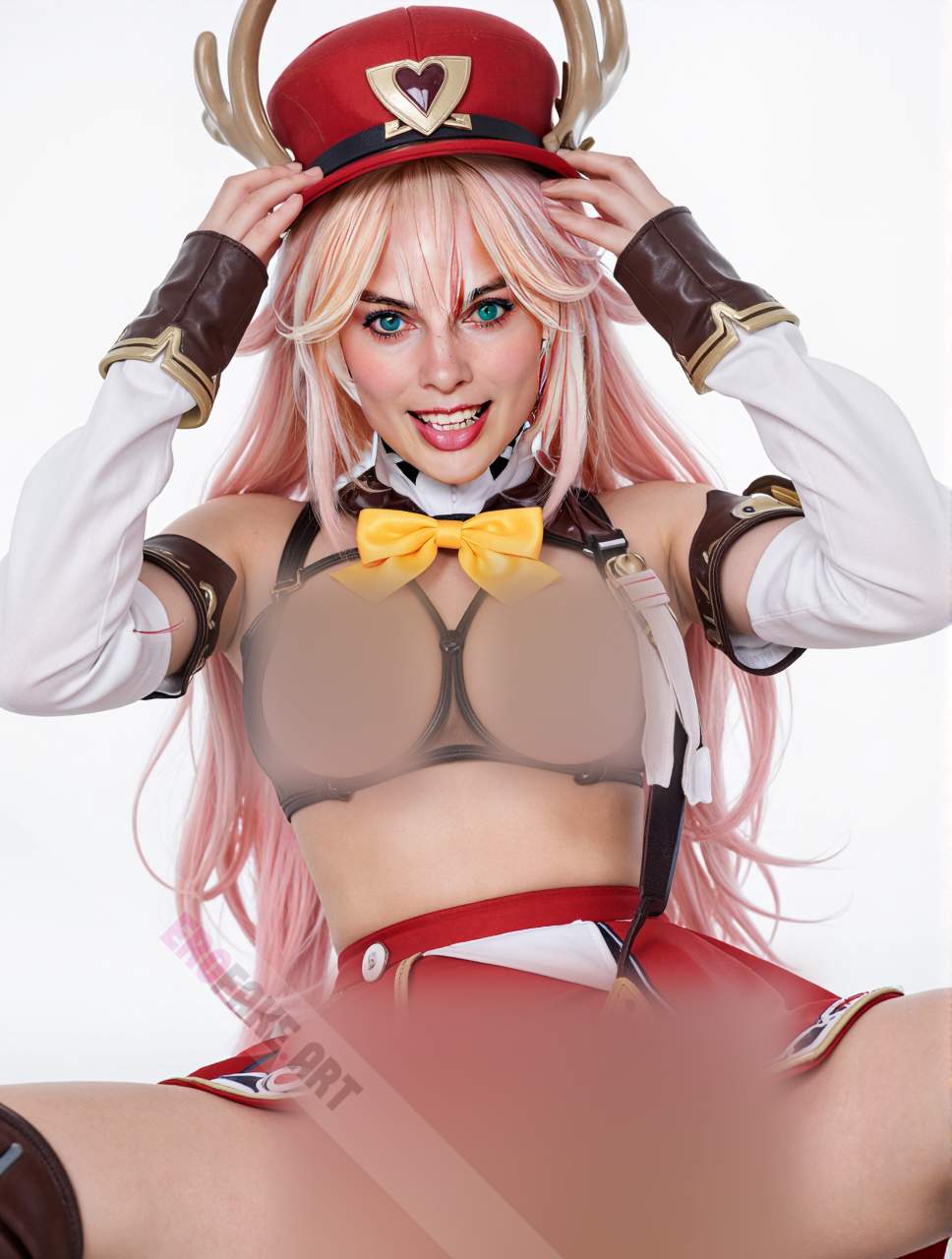 ai generated ero image with tags margot_elise_robbie,solo,long_hair,breasts,looking_at_viewer,smile,blue_eyes,skirt,blonde_hair,simple_background,thighhighs,hat,white_background,bow,hair_between_eyes,medium_breasts,pink_hair,censored,detached_sleeves,teeth,pussy,spread_legs,grin,pubic_hair,red_skirt,female_pubic_hair,revealing_clothes,red_headwear,realistic,pasties,antlers,adjusting_headwear,heart_pasties