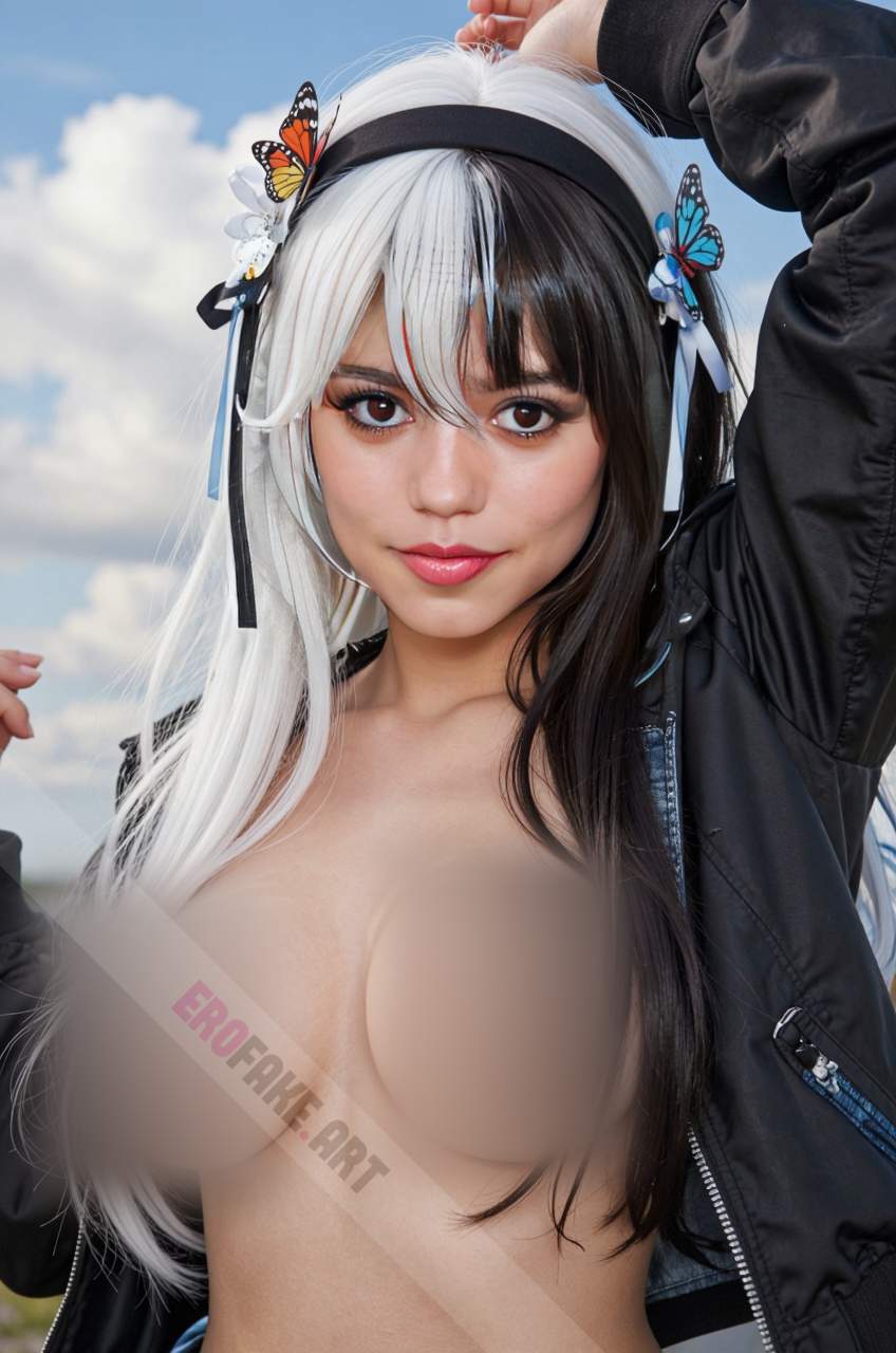 ai generated ero image with tags jenna_marie_ortega,solo,long_hair,breasts,looking_at_viewer,black_hair,hair_ornament,brown_eyes,medium_breasts,nipples,jacket,upper_body,white_hair,multicolored_hair,hairband,outdoors,open_clothes,day,hair_flower,mole,twotone_hair,open_jacket,black_jacket,freckles,mole_on_breast,realistic,butterfly_hair_ornament