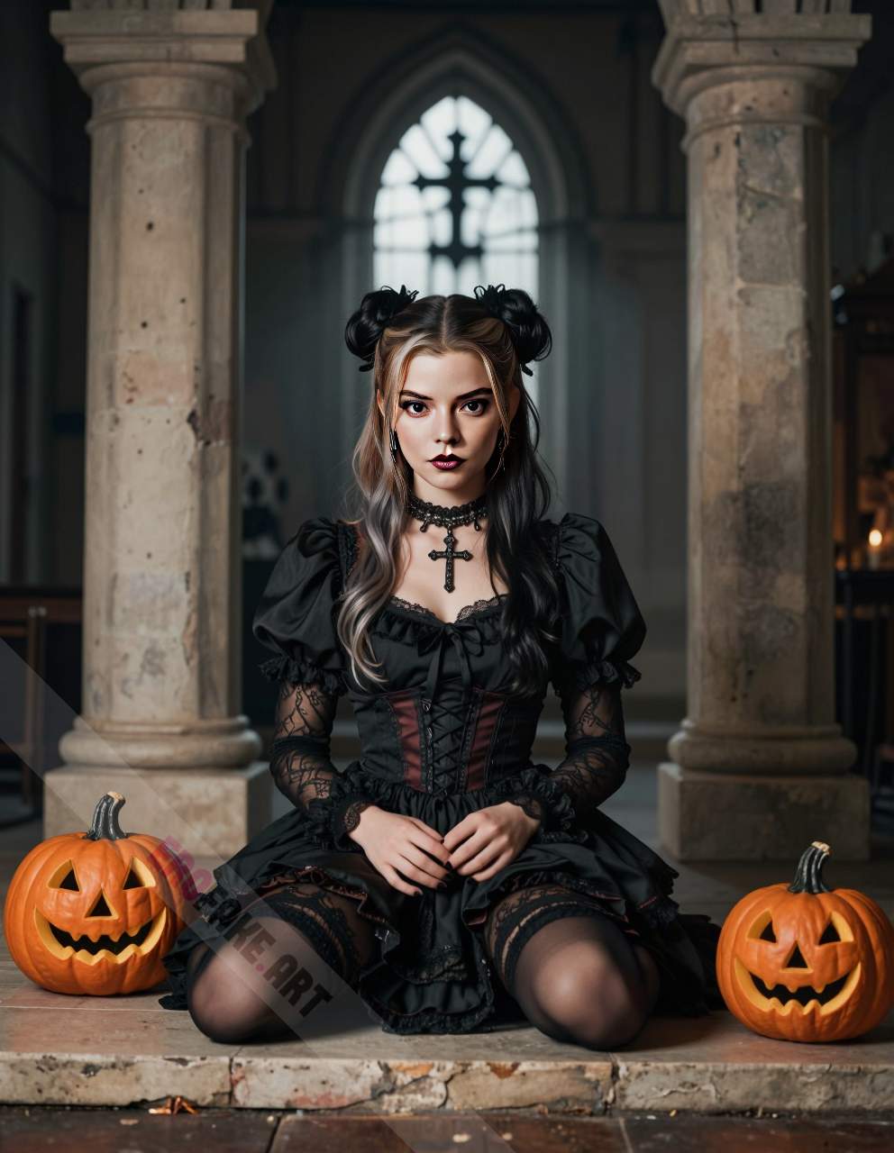 ai generated ero image with tags anya_taylor_joy,solo,long_hair,breasts,looking_at_viewer,brown_hair,black_hair,thighhighs,dress,jewelry,sitting,choker,puffy_sleeves,black_thighhighs,hair_bun,black_dress,double_bun,makeup,cross,black_nails,corset,halloween,lolita_fashion,gothic_lolita,jackolantern,pumpkin,gothic,church