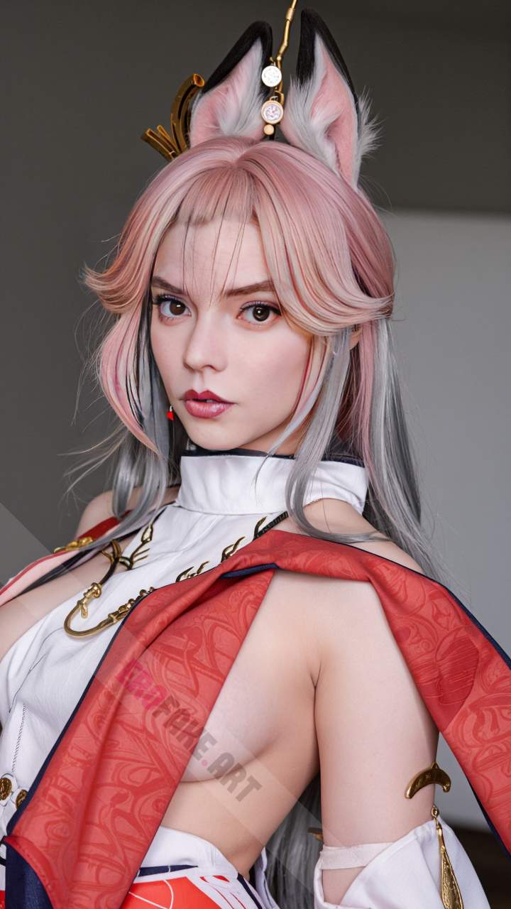 ai generated ero image with tags anya_taylor_joy,solo,long_hair,breasts,looking_at_viewer,animal_ears,bare_shoulders,brown_eyes,medium_breasts,upper_body,pink_hair,multicolored_hair,parted_lips,detached_sleeves,lips,fox_ears,sideboob,turtleneck,realistic,nose