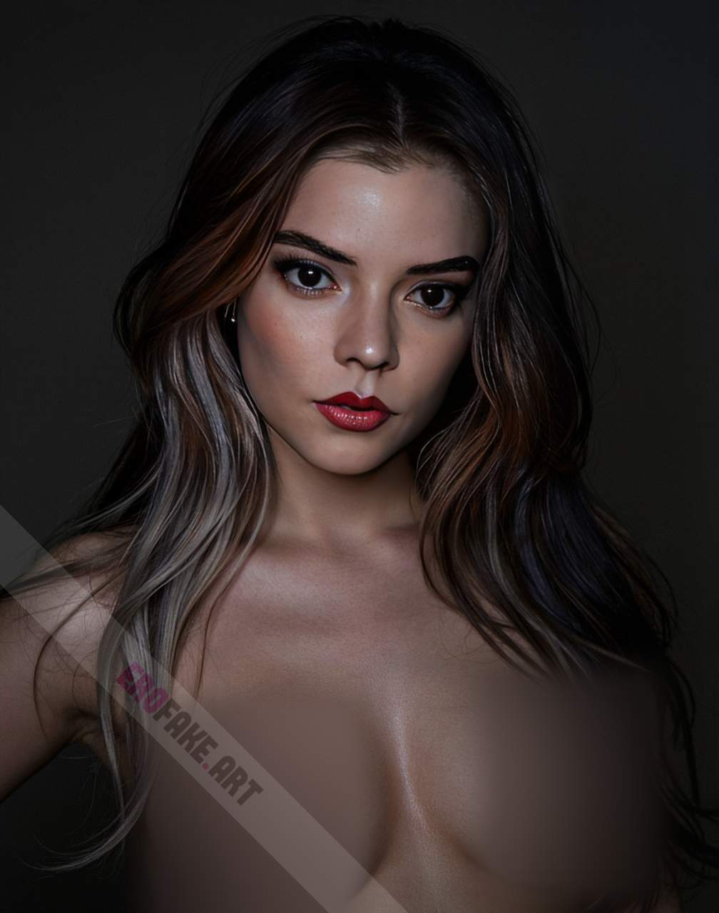 ai generated ero image with tags anya_taylor_joy,solo,long_hair,breasts,looking_at_viewer,brown_hair,black_hair,jewelry,medium_breasts,nipples,upper_body,nude,multicolored_hair,lips,makeup,lipstick,black_background,realistic,red_lips