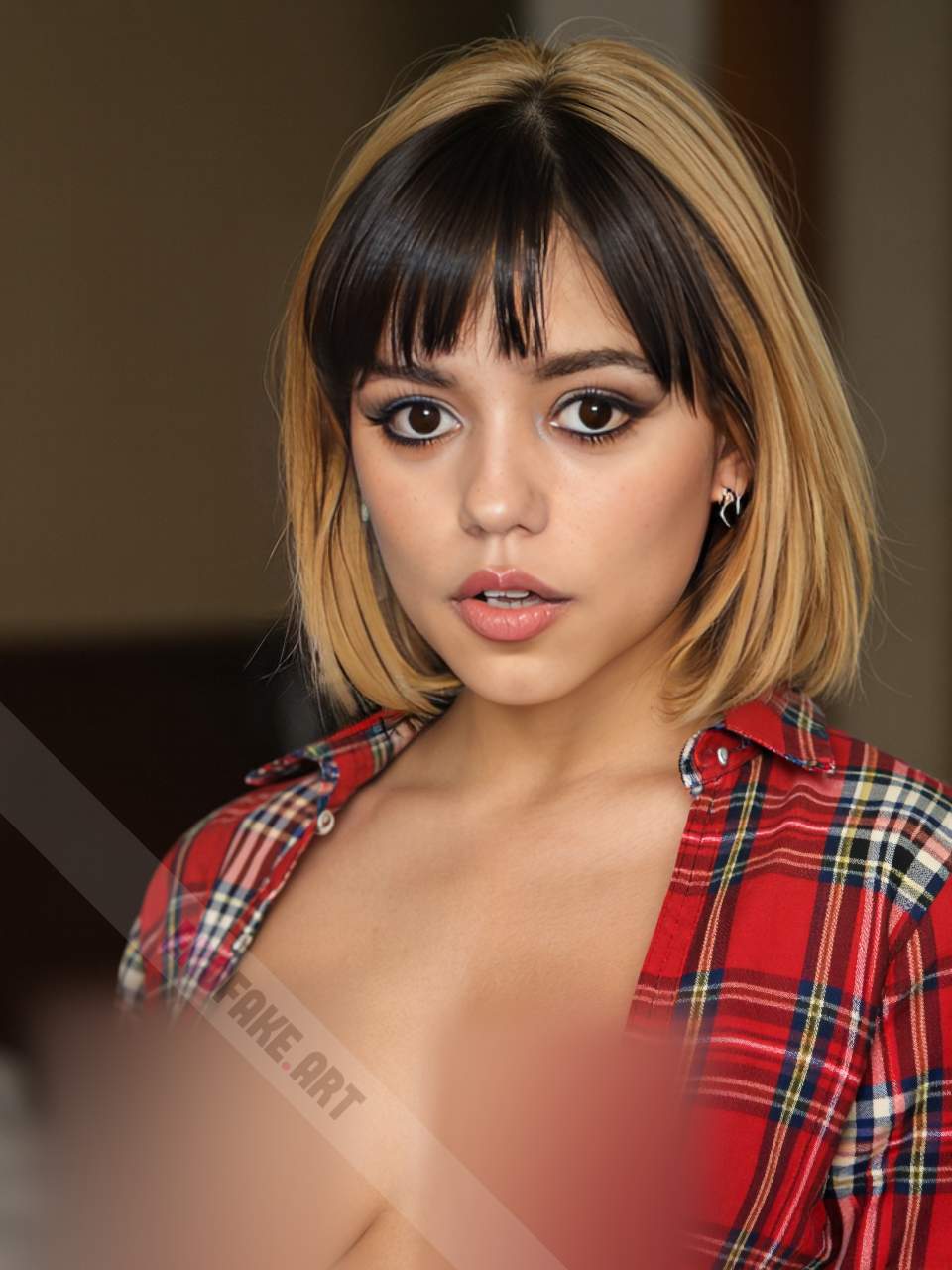 ai generated ero image with tags jenna_marie_ortega,solo,breasts,looking_at_viewer,short_hair,blonde_hair,shirt,black_hair,brown_eyes,jewelry,medium_breasts,nipples,upper_body,multicolored_hair,earrings,parted_lips,open_clothes,twotone_hair,lips,plaid,open_shirt,freckles,realistic,nose,unbuttoned,plaid_shirt