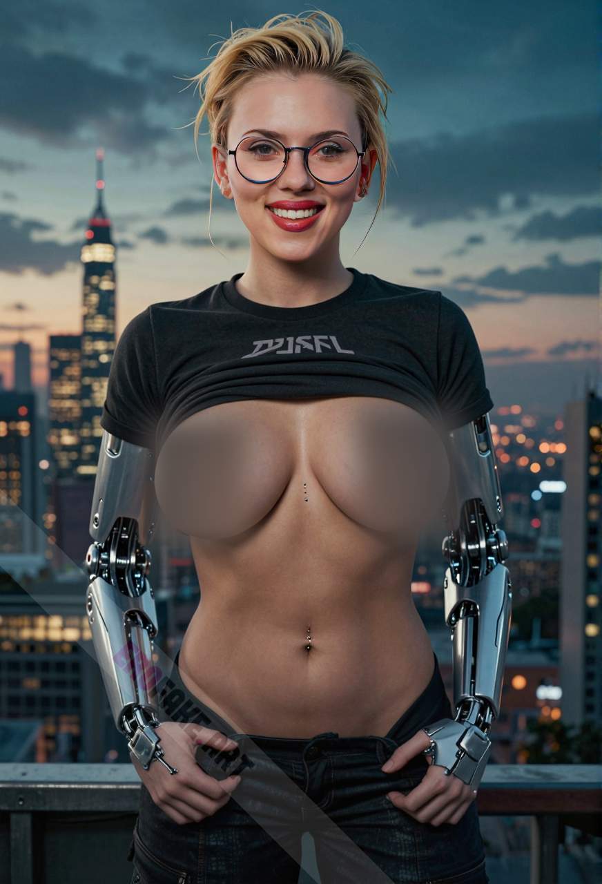 ai generated ero image with tags scarlett_ingrid_johansson,solo,breasts,looking_at_viewer,smile,short_hair,blonde_hair,large_breasts,shirt,navel,nipples,sky,glasses,teeth,pants,clothes_lift,grin,blurry,lips,no_bra,makeup,shirt_lift,piercing,lipstick,tshirt,breasts_apart,jeans,city,realistic,round_eyewear,red_lips,cityscape,open_fly,nipple_piercing,mechanical_arms,navel_piercing,cyborg,prosthesis,prosthetic_arm,dusk