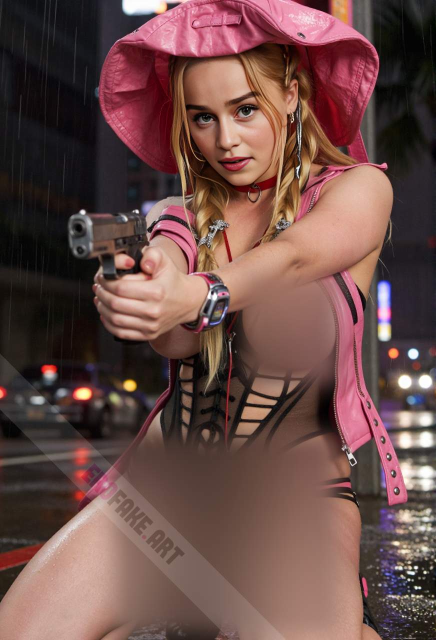 ai generated ero image with tags emilia_isobel_euphemia_rose_clarke,solo,long_hair,breasts,looking_at_viewer,blonde_hair,hat,holding,brown_eyes,jewelry,underwear,nipples,jacket,weapon,braid,earrings,outdoors,choker,hood,holding_weapon,blurry,lips,gun,kneeling,night,blurry_background,holding_gun,handgun,rain,realistic