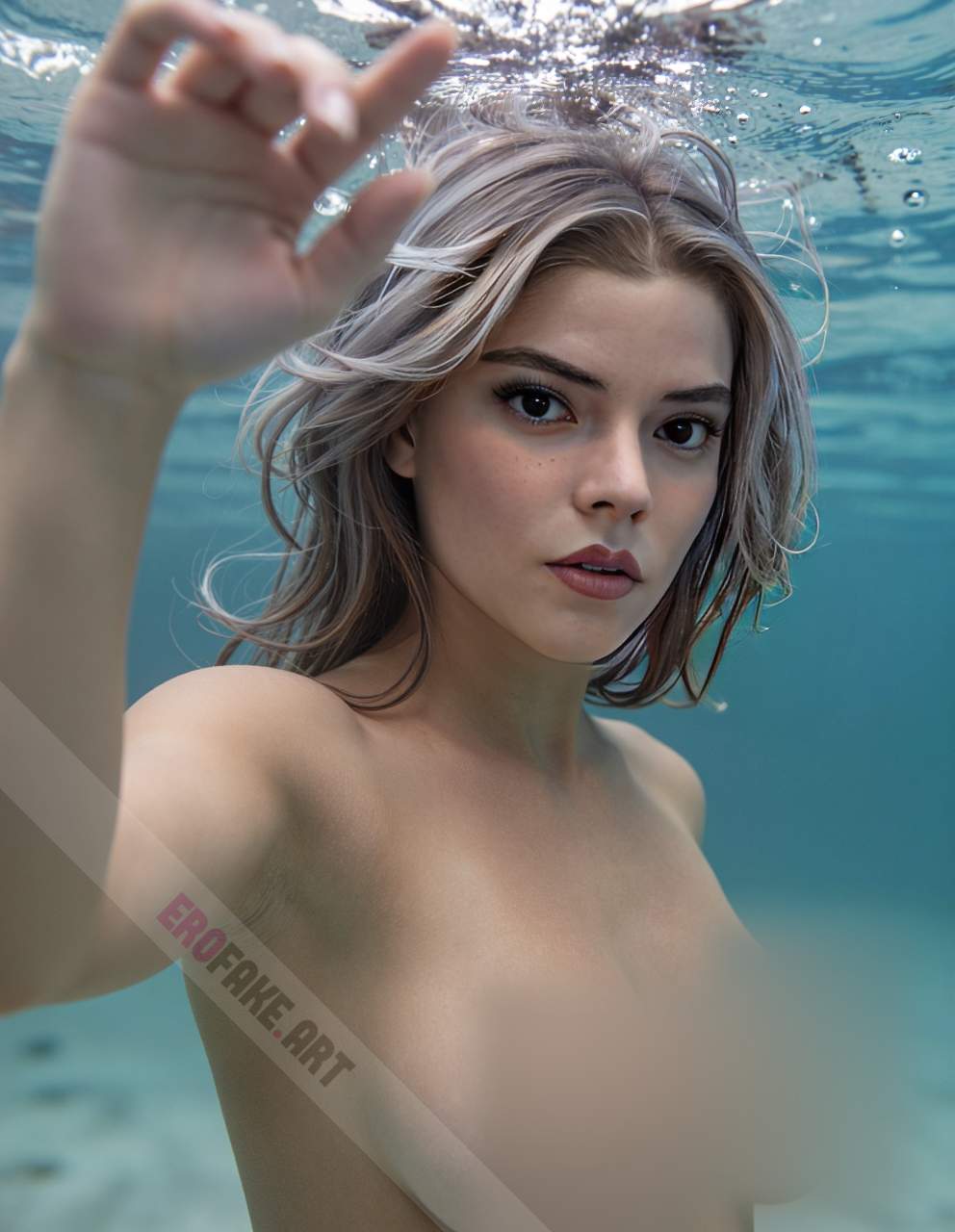 ai generated ero image with tags anya_taylor_joy,solo,breasts,looking_at_viewer,short_hair,brown_eyes,medium_breasts,nipples,upper_body,nude,parted_lips,armpits,blurry,lips,freckles,underwater,realistic,air_bubble