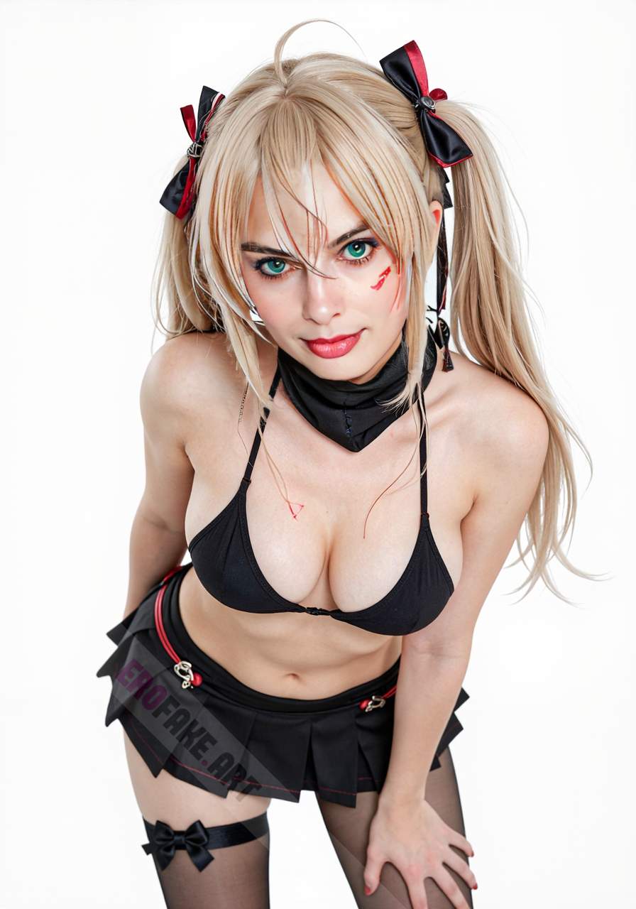 ai generated ero image with tags margot_elise_robbie,solo,long_hair,breasts,looking_at_viewer,bangs,blue_eyes,skirt,blonde_hair,simple_background,thighhighs,white_background,ribbon,navel,cleavage,hair_between_eyes,twintails,medium_breasts,swimsuit,ahoge,bikini,pleated_skirt,black_skirt,scarf,nail_polish,bra,leaning_forward,black_bra,red_nails,red_lips