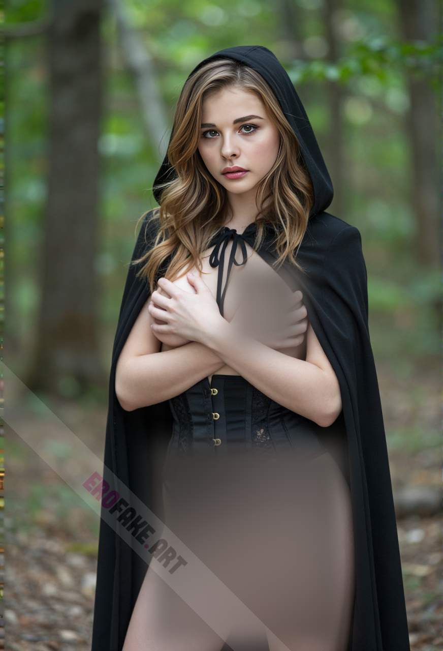 ai generated ero image with tags chloe_grace_moretz,solo,long_hair,breasts,looking_at_viewer,blue_eyes,blonde_hair,medium_breasts,underwear,panties,outdoors,hood,blurry,lips,black_panties,blurry_background,covering,cloak,corset,hood_up,covering_breasts,realistic,hooded_cloak
