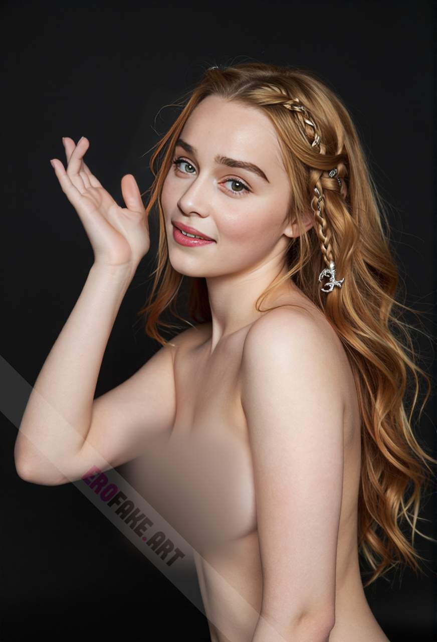 ai generated ero image with tags emilia_isobel_euphemia_rose_clarke,solo,long_hair,breasts,looking_at_viewer,simple_background,brown_hair,hair_ornament,brown_eyes,medium_breasts,nipples,upper_body,braid,nude,parted_lips,hand_up,lips,black_background,freckles,realistic