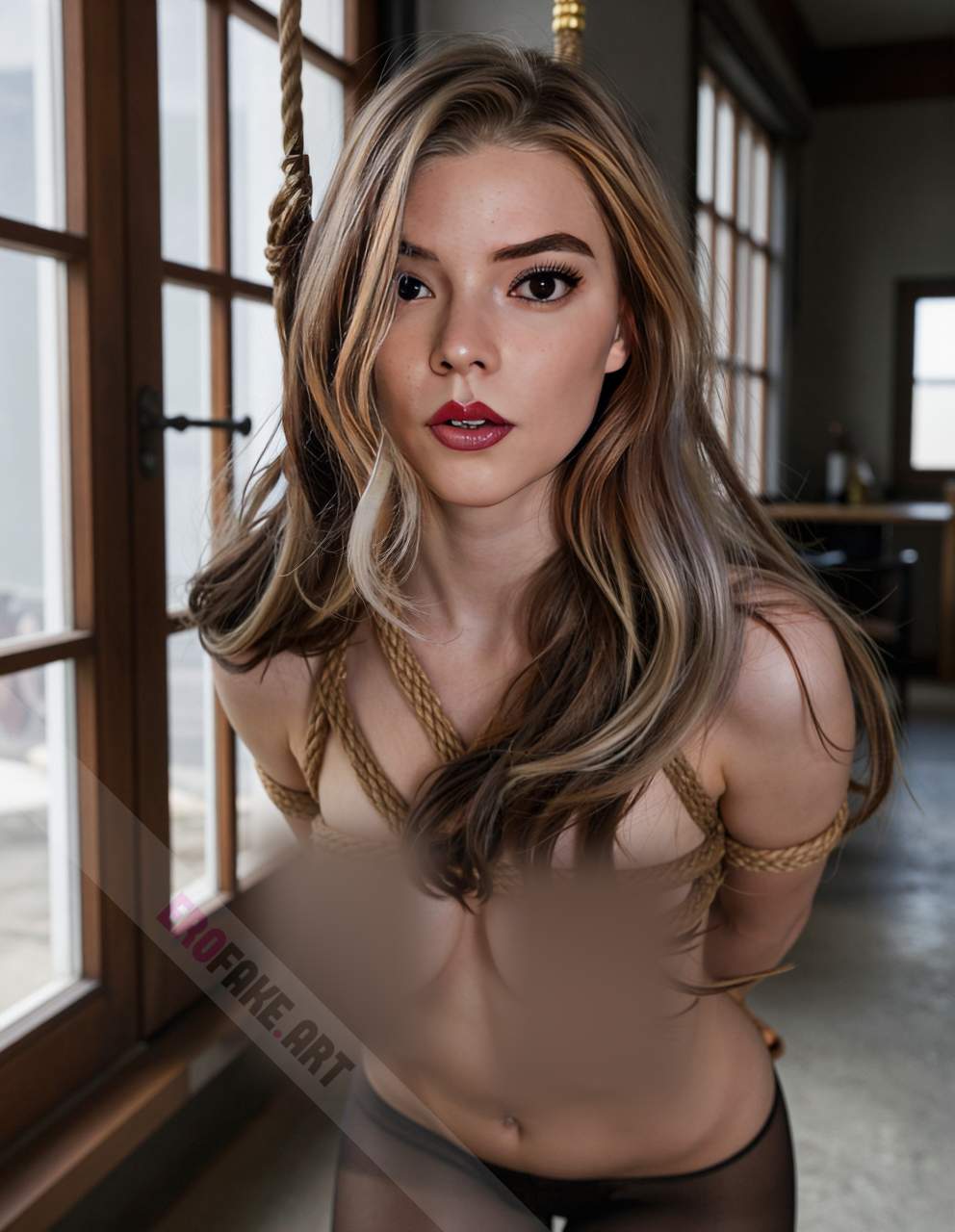 ai generated ero image with tags anya_taylor_joy,solo,long_hair,breasts,looking_at_viewer,brown_hair,navel,brown_eyes,medium_breasts,underwear,nipples,pantyhose,parted_lips,indoors,lips,arms_behind_back,topless,piercing,bound,bdsm,bondage,rope,freckles,realistic,shibari,navel_piercing