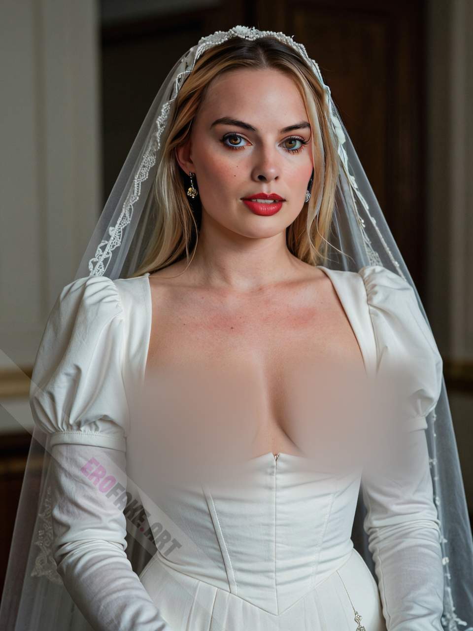ai generated ero image with tags margot_elise_robbie,solo,long_hair,breasts,looking_at_viewer,blonde_hair,brown_hair,dress,brown_eyes,jewelry,medium_breasts,nipples,earrings,parted_lips,white_dress,makeup,breasts_out,lipstick,veil,freckles,wedding_dress,realistic,red_lips,bridal_veil,body_freckles
