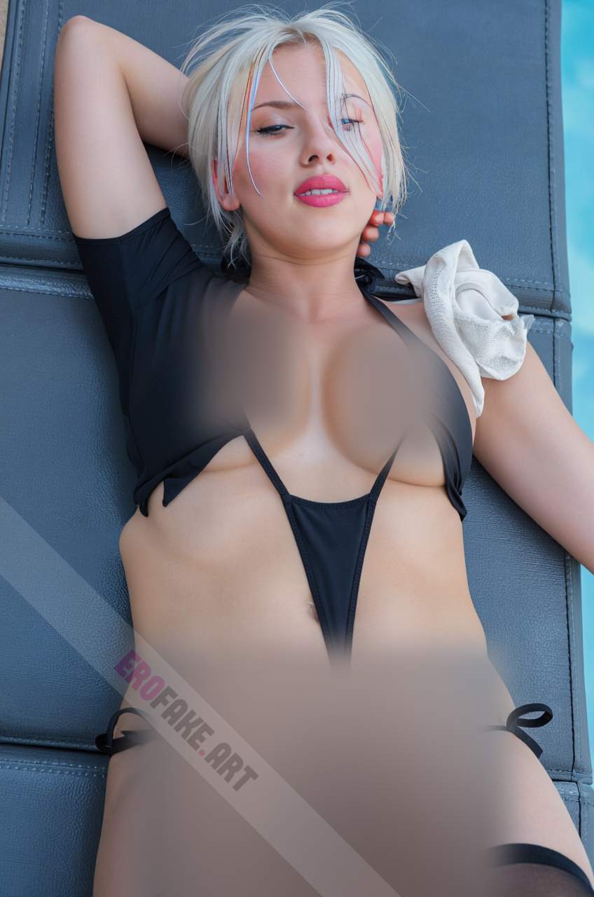 ai generated ero image with tags scarlett_ingrid_johansson,solo,breasts,looking_at_viewer,short_hair,blue_eyes,thighhighs,navel,medium_breasts,nipples,swimsuit,white_hair,bikini,lying,teeth,black_thighhighs,on_back,lips,sidetie_bikini_bottom,arm_behind_head,realistic