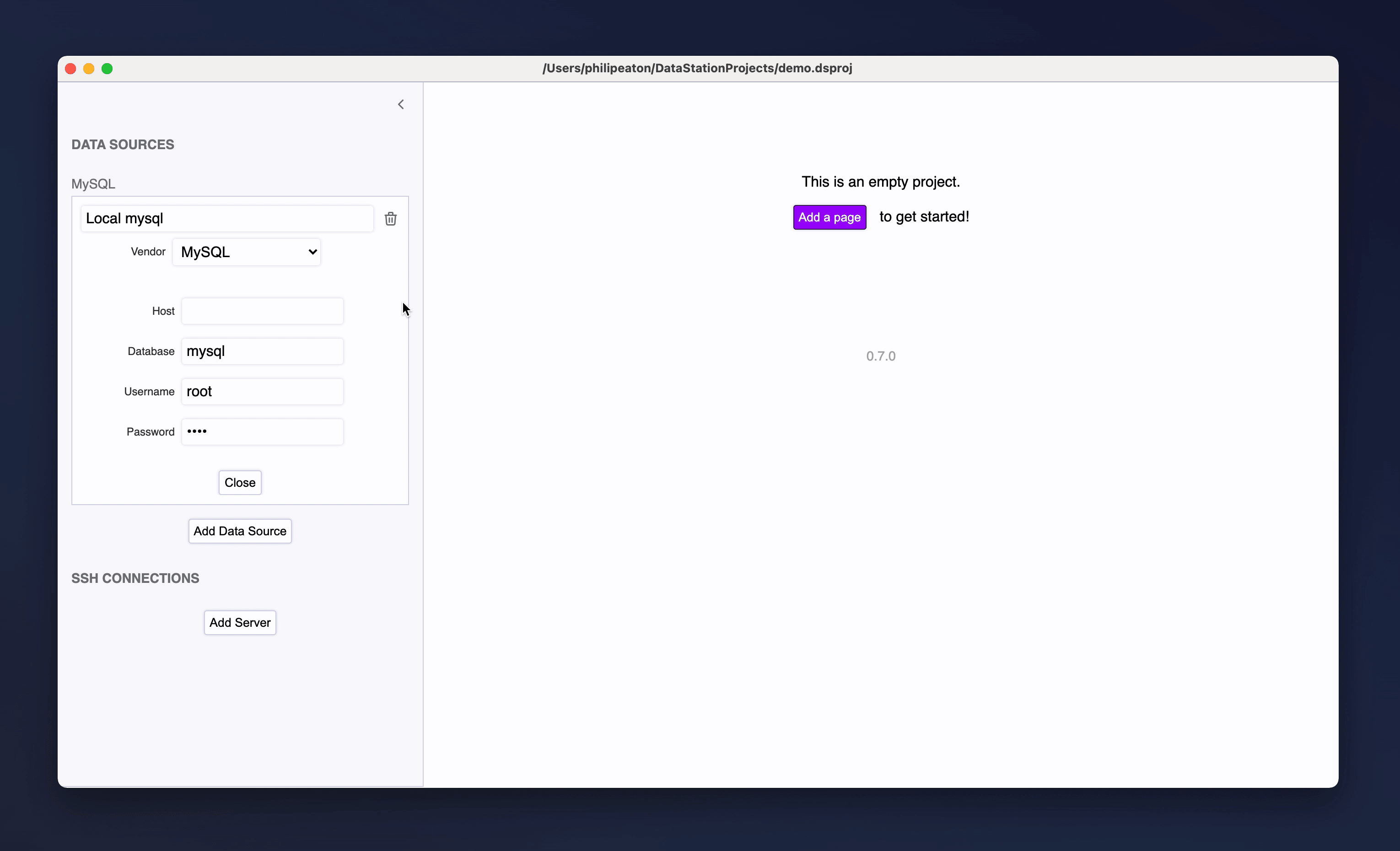 Create database panel