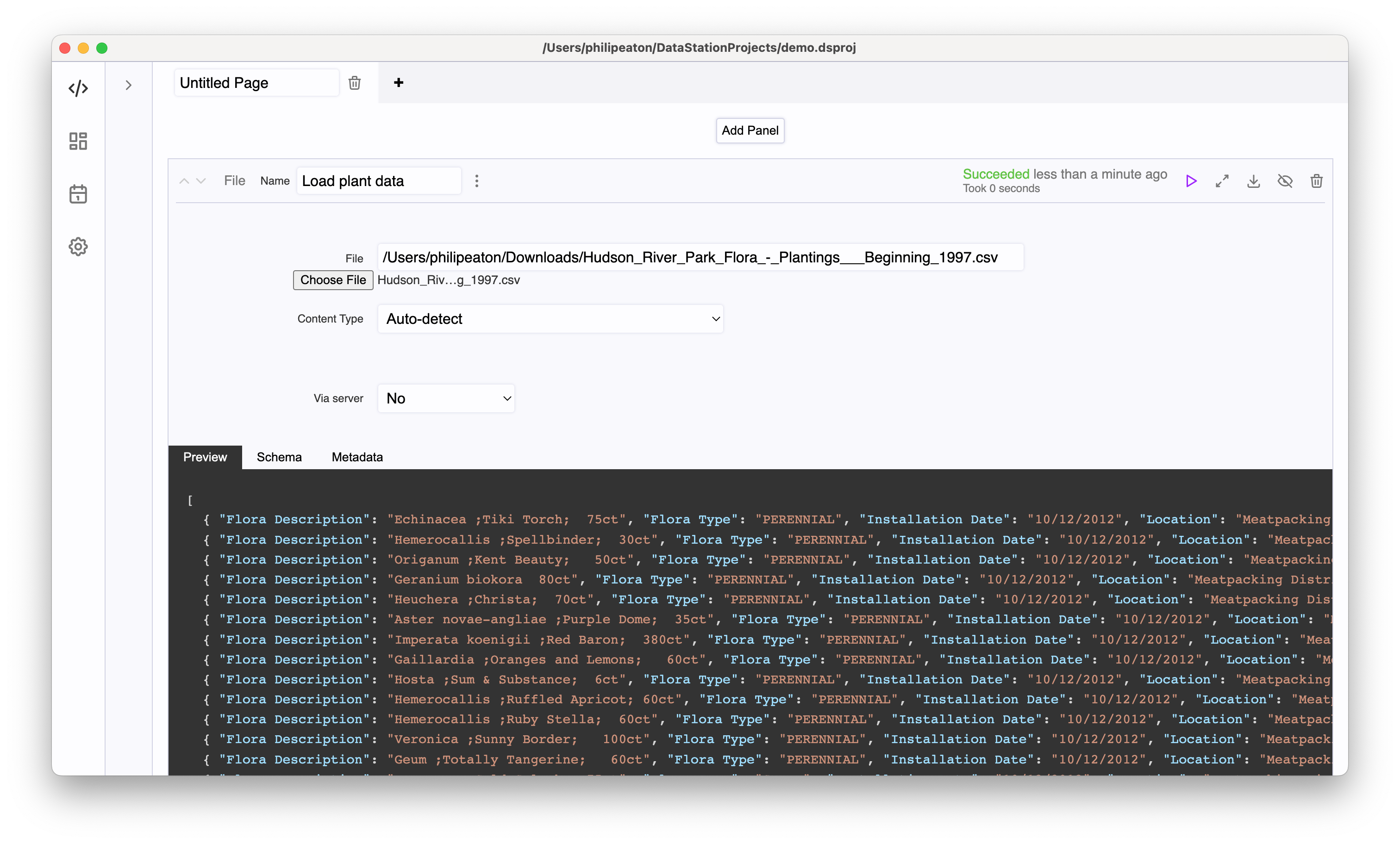 Load plant data from CSV file