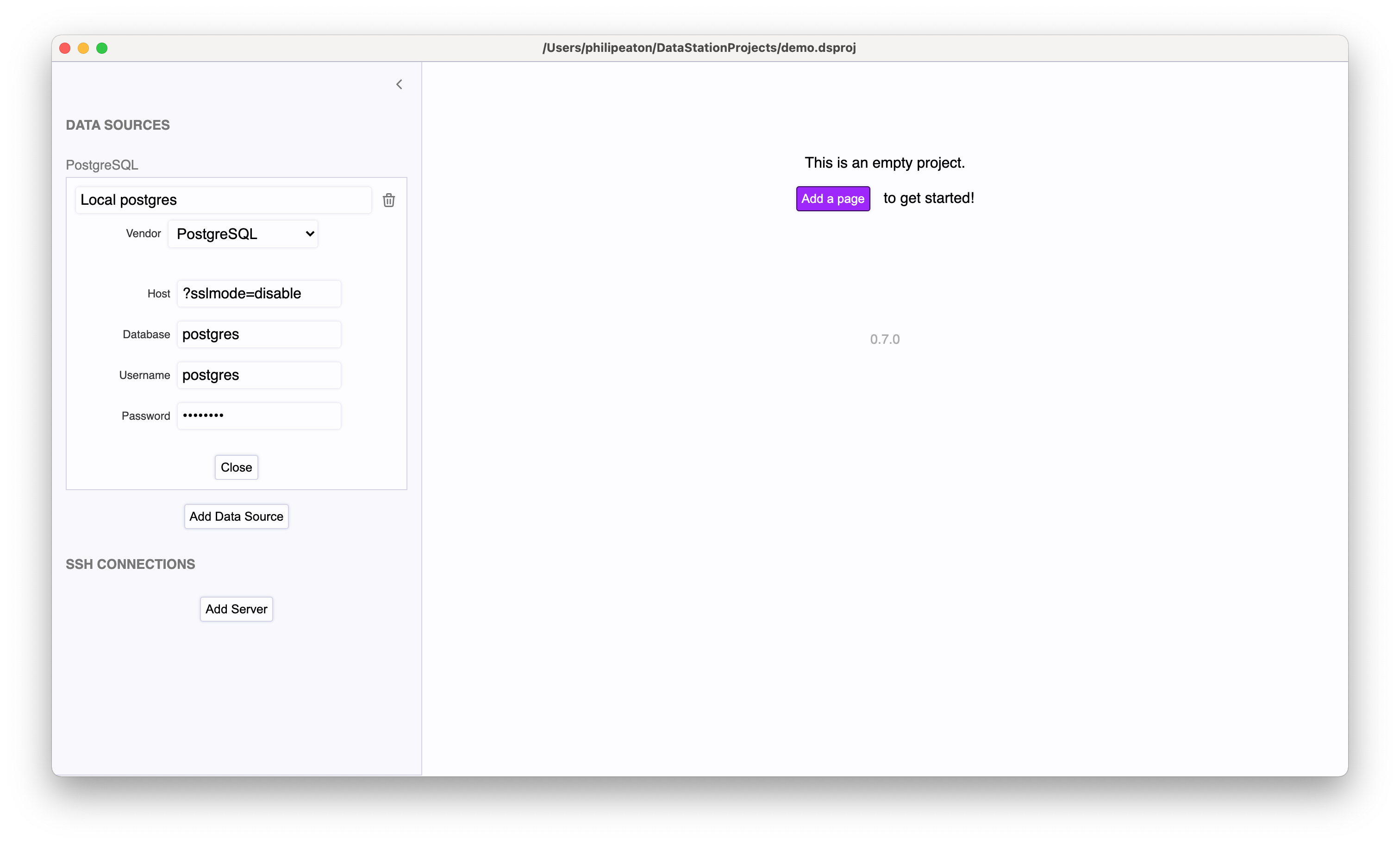 Filled out PostgreSQL data source