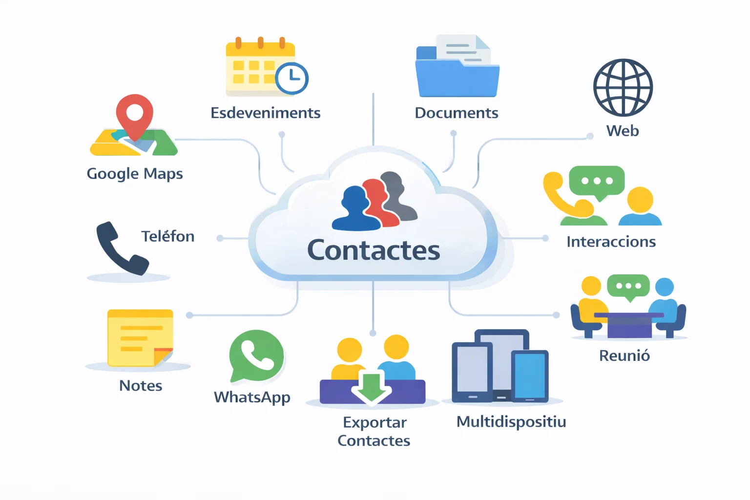 Infografia de My Contacts Cloud CRM que mostra un hub central de contactes al núvol connectat a documents, esdeveniments, web, interaccions, reunions, dispositius, Google Maps, telèfon, WhatsApp, notes i exportació de contactes.