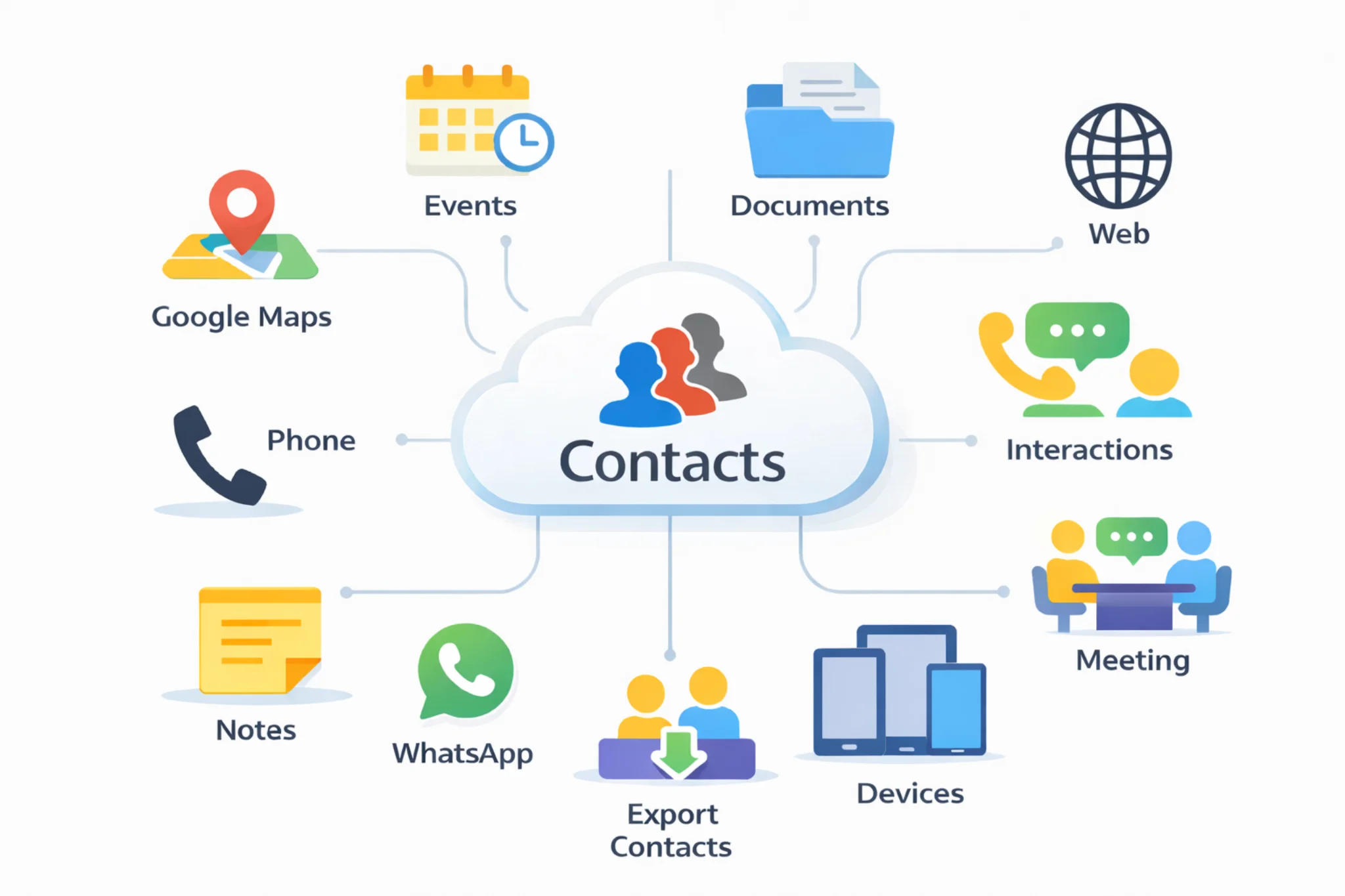 Infographic of My Contacts Cloud CRM showing a central cloud contacts hub connected to documents, events, web, interactions, meetings, devices, Google Maps, phone, WhatsApp, notes and contact export.