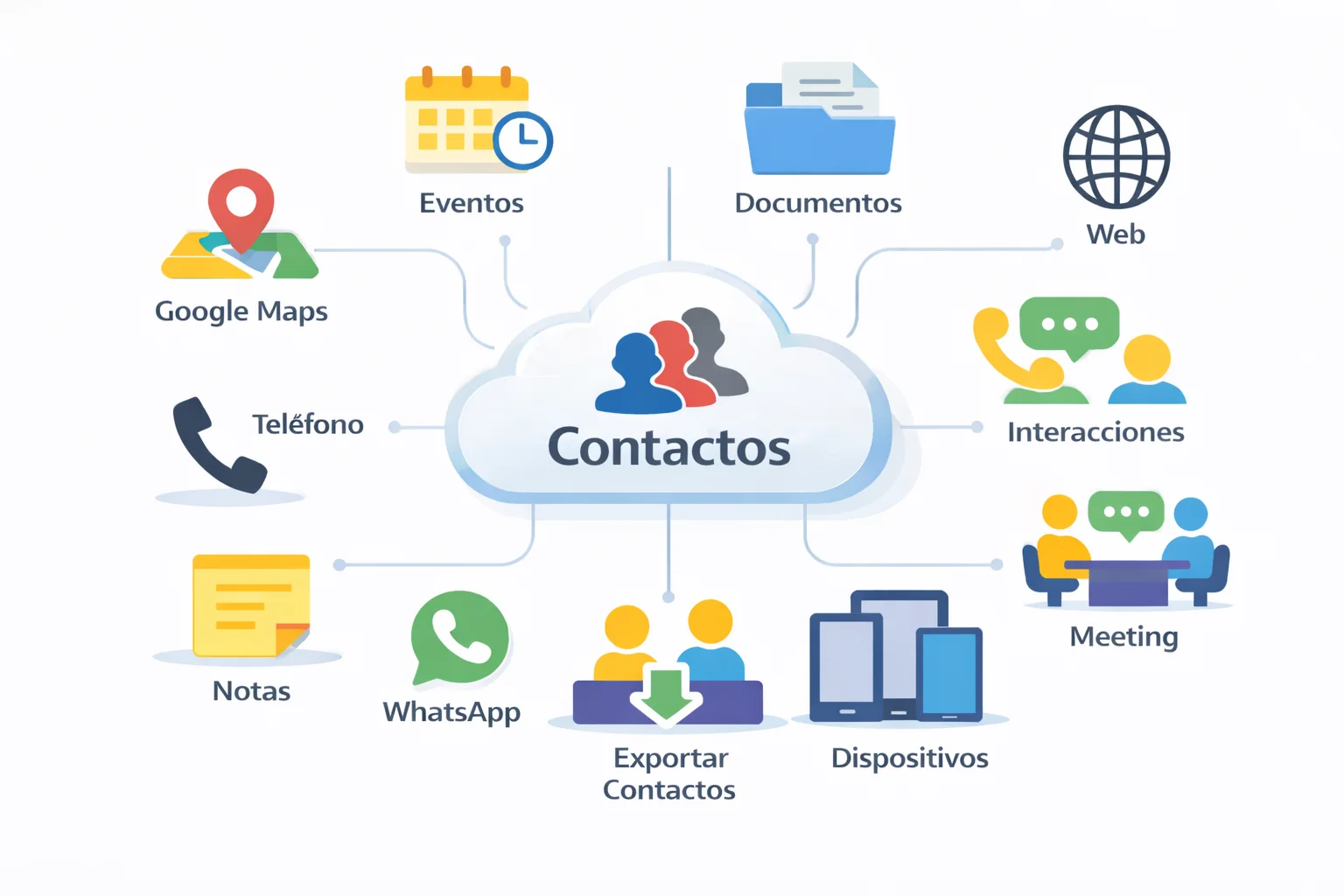 Infografía de My Contacts Cloud CRM que muestra un hub central de contactos en la nube conectado a documentos, eventos, web, interacciones, reuniones, dispositivos, Google Maps, teléfono, WhatsApp, notas y exportación de contactos.