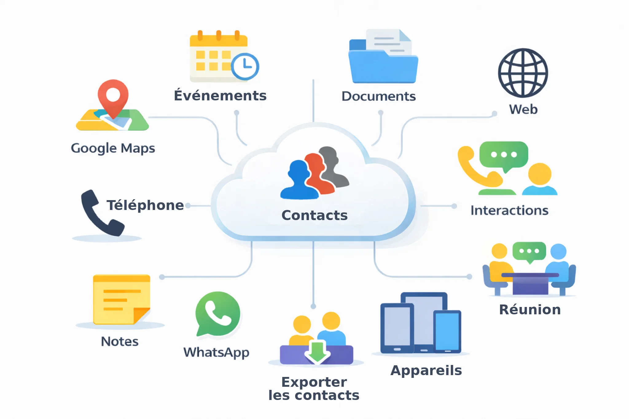 Infographie de My Contacts Cloud CRM montrant un hub central de contacts dans le cloud connecté aux documents, événements, web, interactions, réunions, appareils, Google Maps, téléphone, WhatsApp, notes et exportation de contacts.