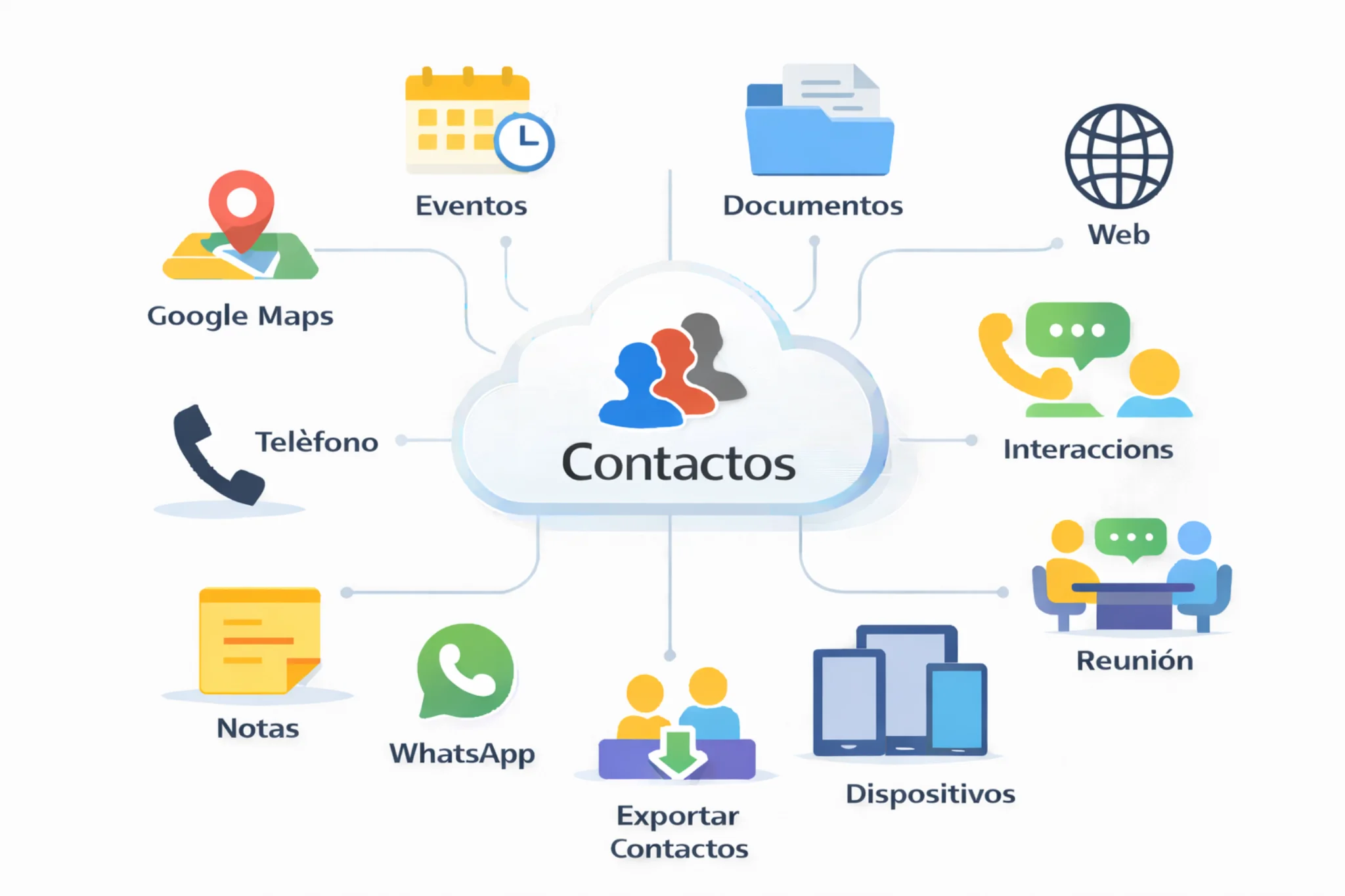 Infografía de My Contacts Cloud CRM que mostra un hub central de contactos na nube conectado a documentos, eventos, web, interaccións, reunións, dispositivos, Google Maps, teléfono, WhatsApp, notas e exportación de contactos.