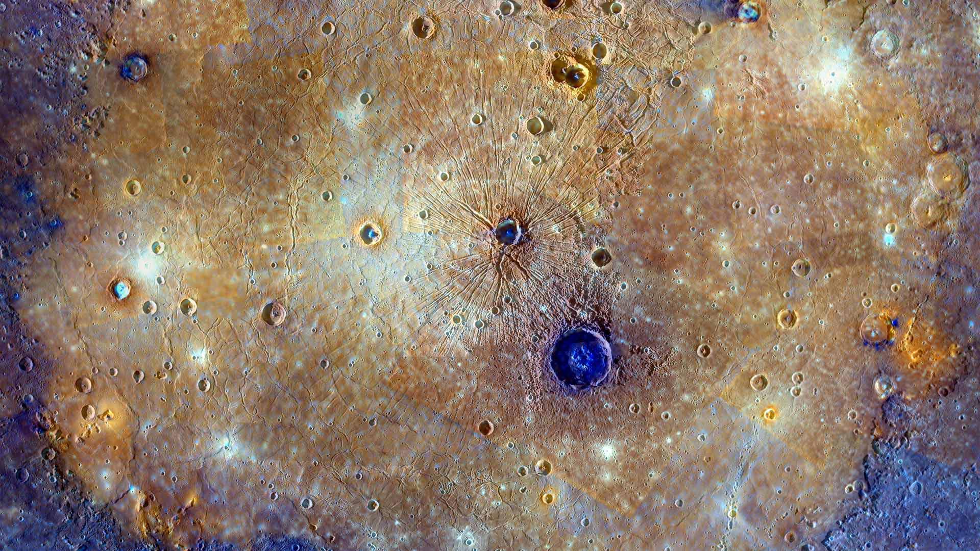 Enhanced-color composite of the Caloris Basin, Mercury - NASA/Johns Hopkins University Applied Physics Laboratory/Carnegie Institution of Washington)