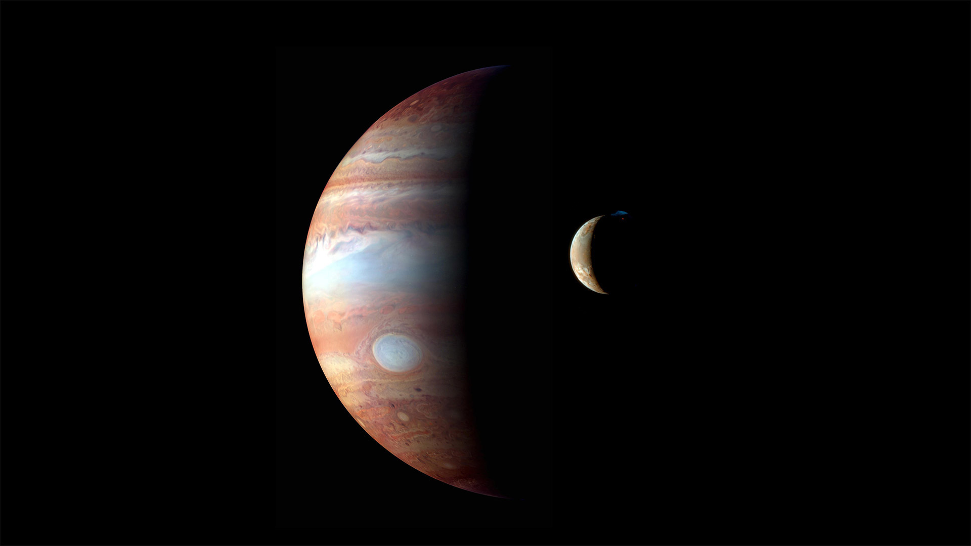Montage of images of Jupiter and its volcanic moon Io - NASA/Johns Hopkins University Applied Physics Laboratory/Southwest Research Institute/Goddard Space Flight Center)