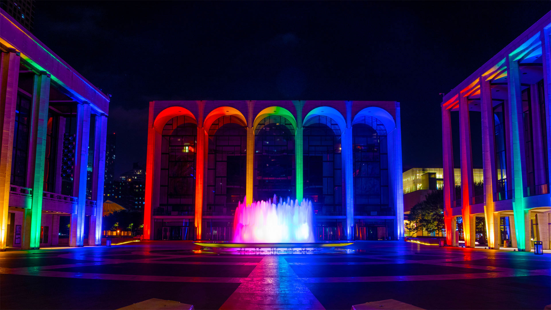Lincoln Center for the Performing Arts lit in Pride colors on June 18, 2020 in New York City - Alexi Rosenfeld/Getty Images)