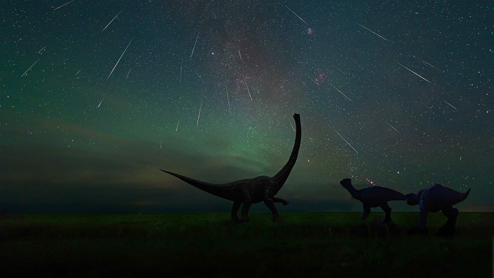 The Perseid meteor shower photographed at the Dinosaur Museum of Erenhot in Inner Mongolia, China - bjdlzx/Getty Images)
