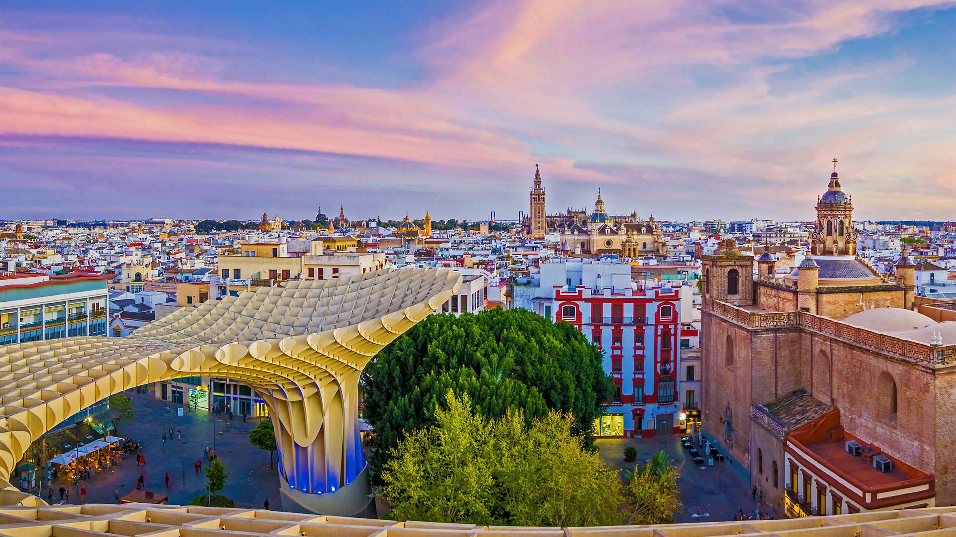 View of the city from the Setas de Sevilla (Metropol Parasol) in Seville, Spain - LucVi/Shutterstock)