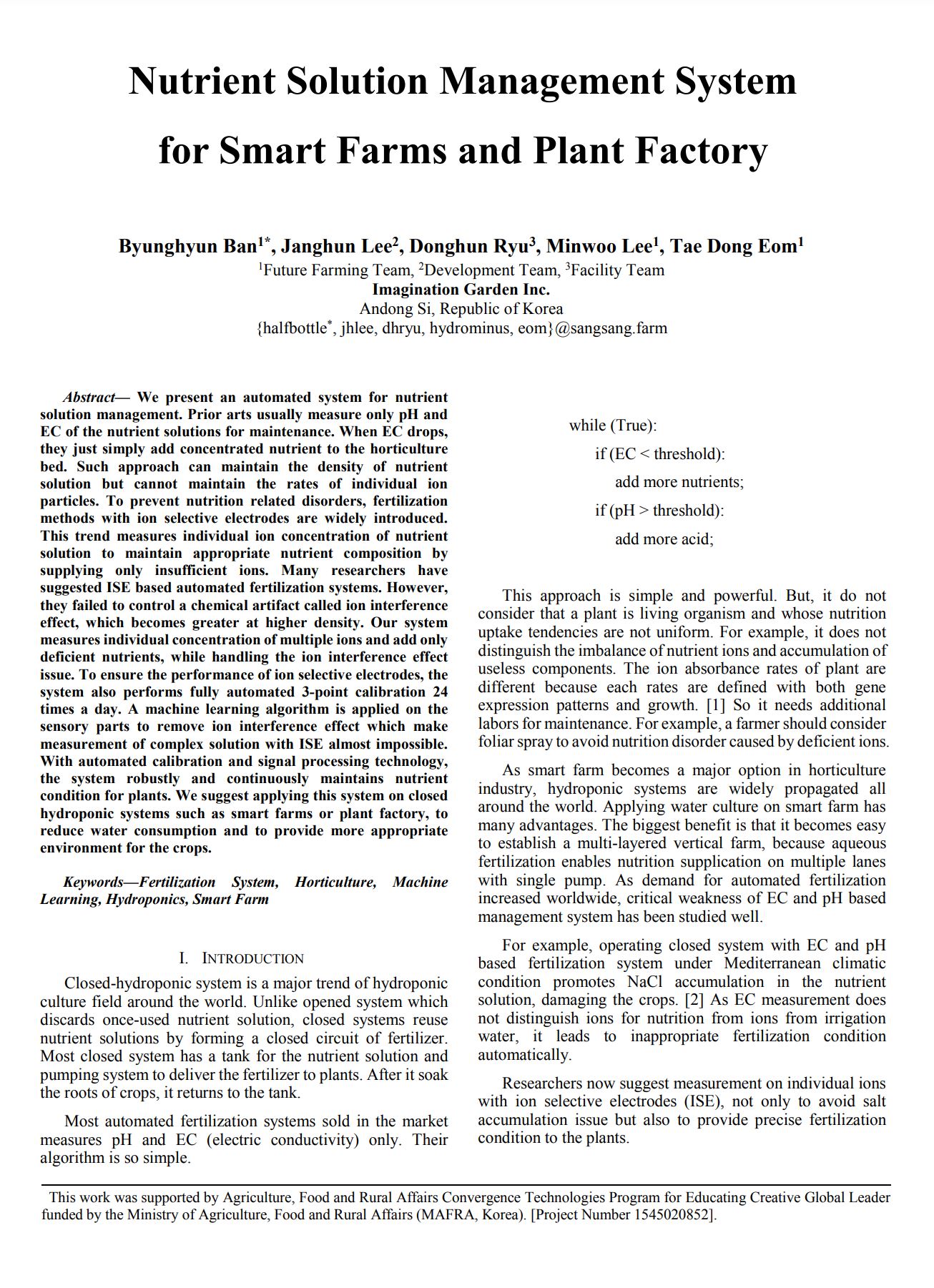 Nutrient Solution Management System for Smart Farms and Plant
                                Factory