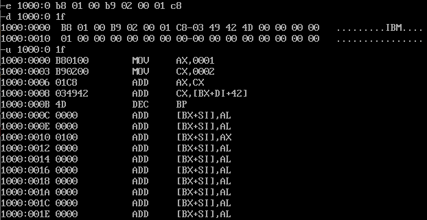 写入机器码并用U命令查看