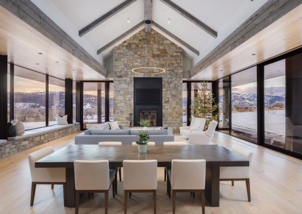 Open living and dining, Teton Valley estate Jackson WY