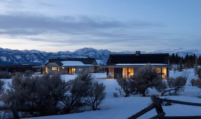 Covered outdoor room framing the Tetons, Teton Valley estate