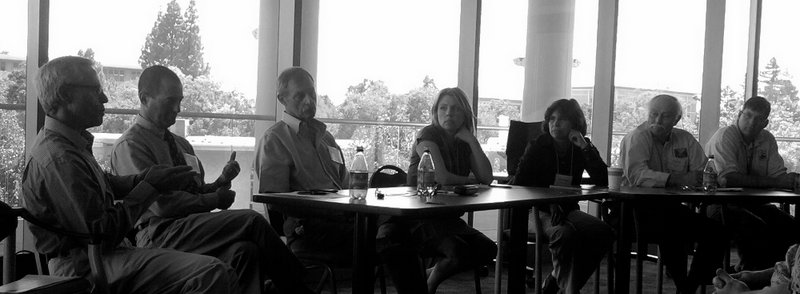 Panelists at the floodplains workshop. Left to right: Ron Unger, Dave Shpak, Richard Howitt, Petrea Marchand, Elizabeth Andrews, Paul Brunner, and J. D. Wikert. See below for affiliations and titles