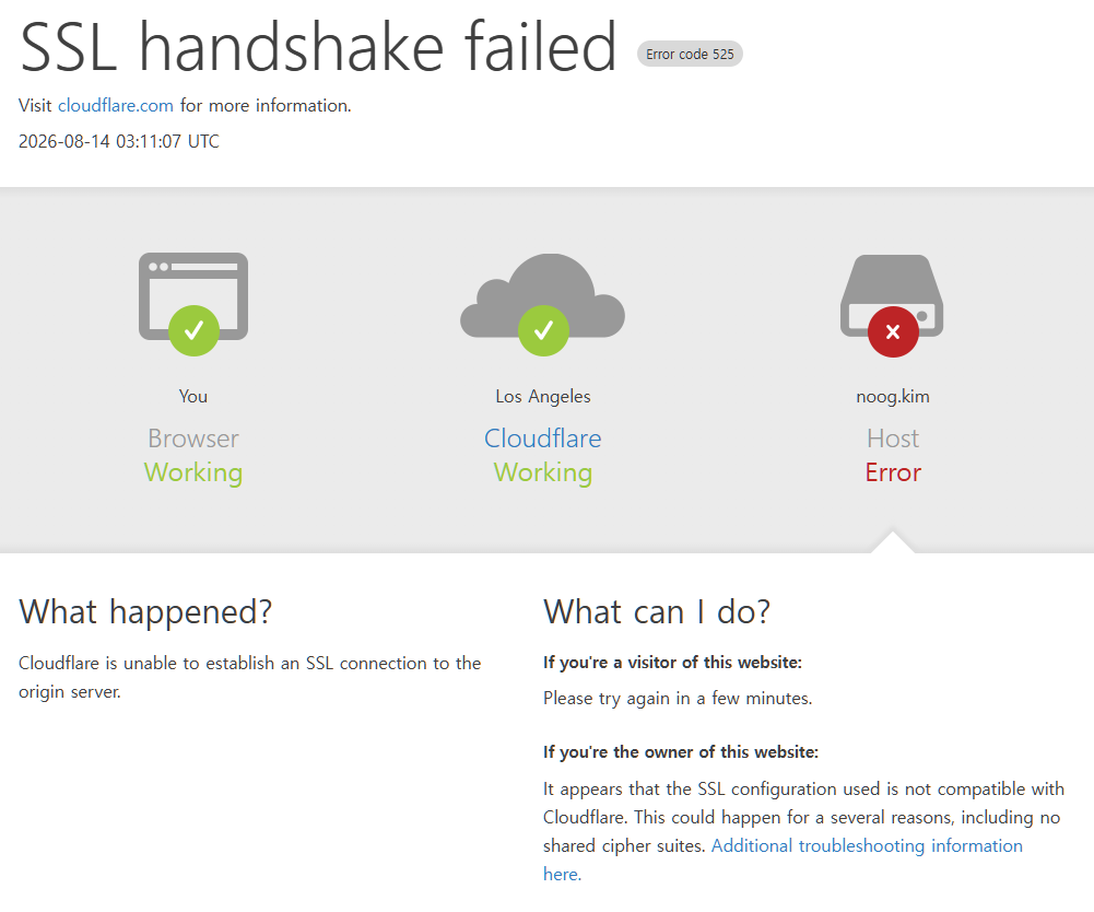Cloudflare SSL handshake failed (Error 525) 오류 화면