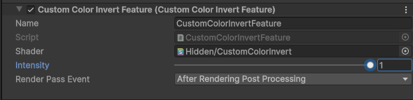 Universal Renderer Data 인스펙터에서 CustomColorInvertFeature의 Shader 및 Intensity 설정 화면