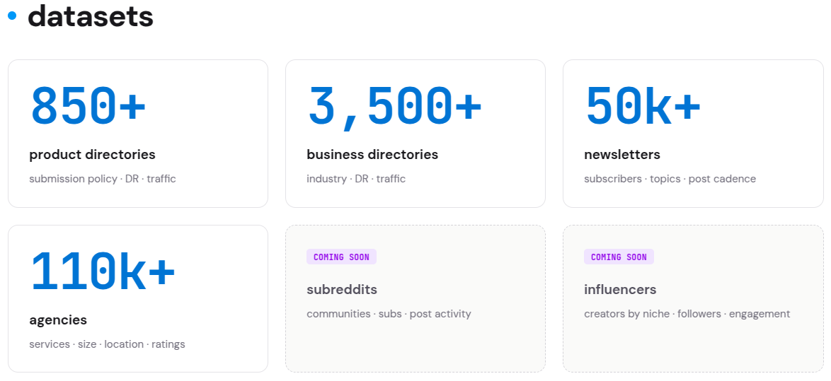 ServiceGraph datasets — product directories, business directories, newsletters, agencies, with subreddits and influencers coming soon