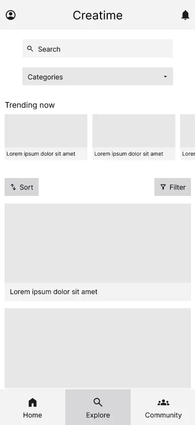 Digital wireframe: Browse courses screen