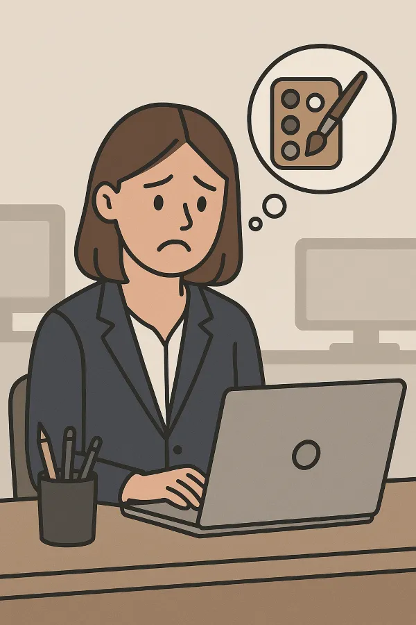 A frustrated adult struggling to find time and motivation for creative pursuits.