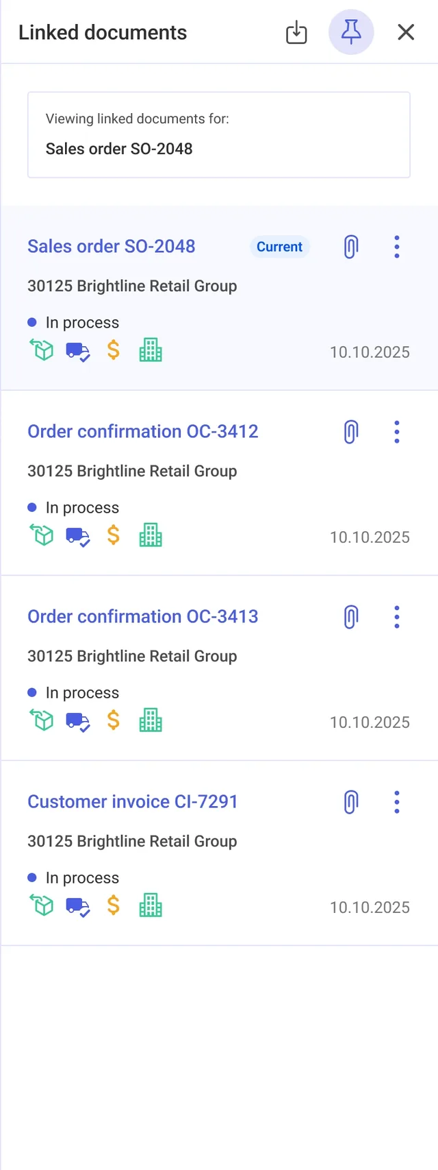 After: the Linked documents panel showing the chain of a sales order as cards, with the current document marked.