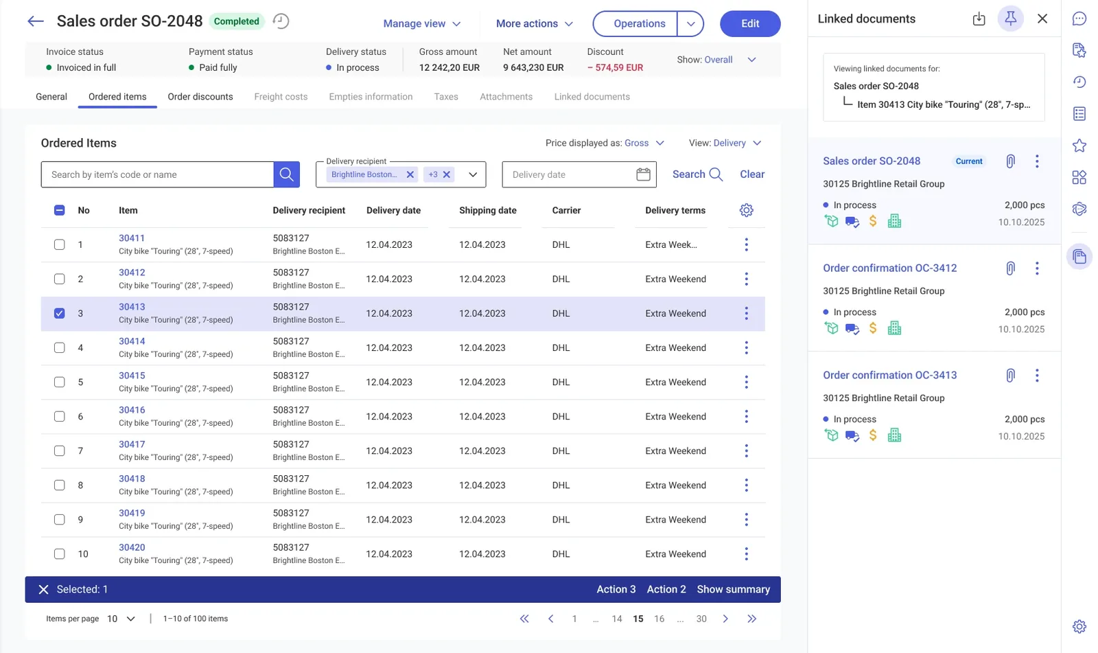 After: a sales order with an item selected, and the Linked documents panel header stating it shows that item's chain.
