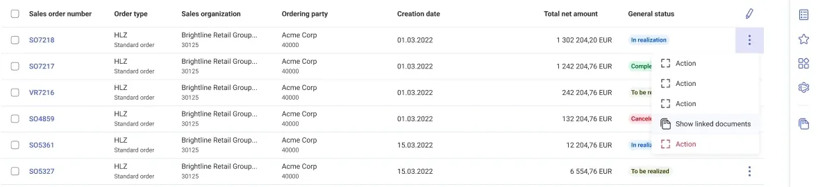 The Show linked documents row action in the Sales orders list.
