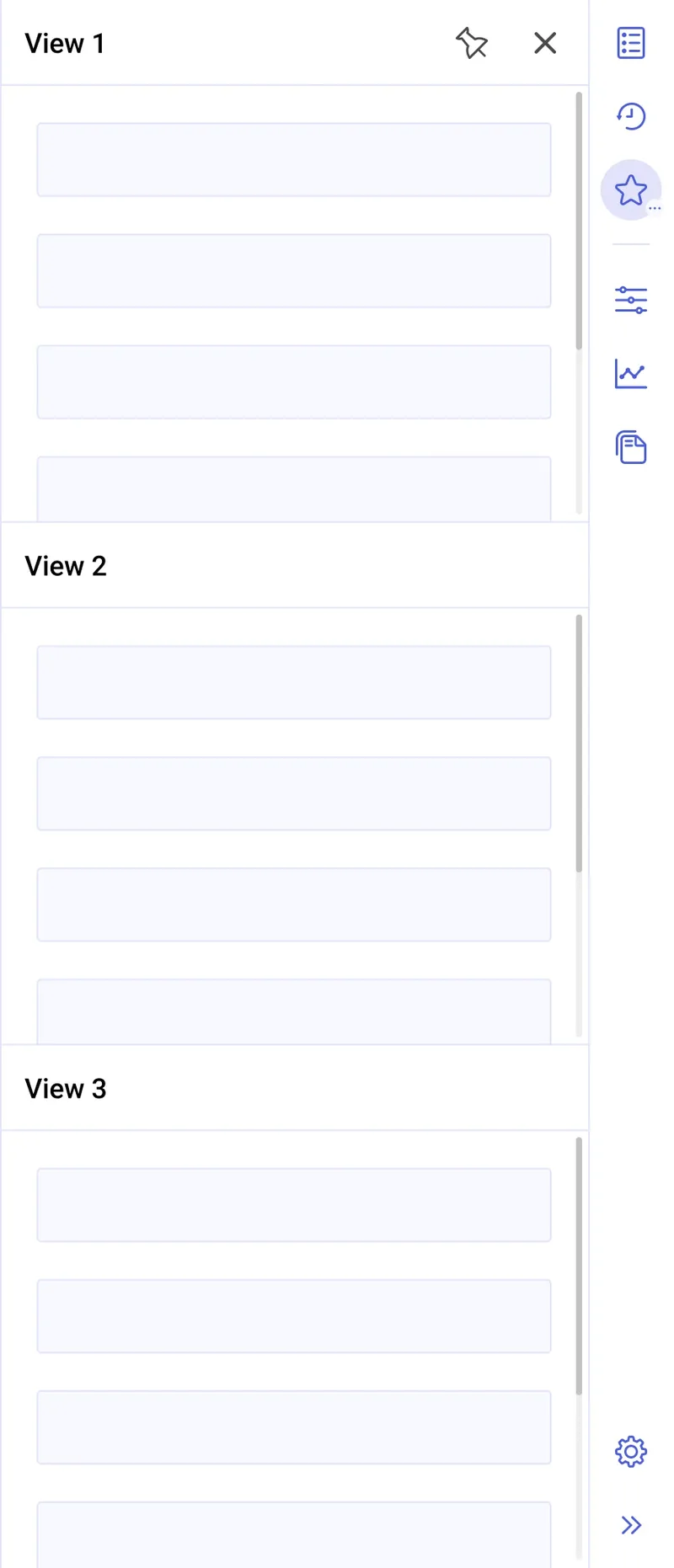 A split panel with three views stacked in one panel, and the toolbar icon with a dots indicator.
