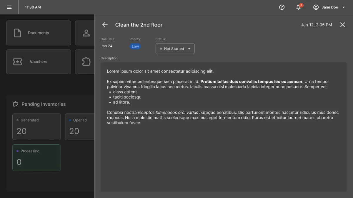 Assignment opened in the side panel, showing its details and available status actions.